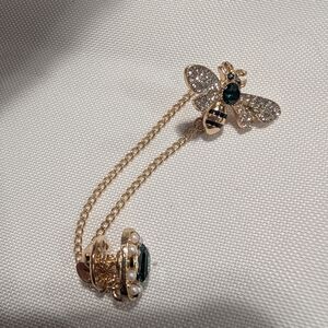 Gold-Tone Bee Brooch with Emerald Center and Pearl Chain Accent
